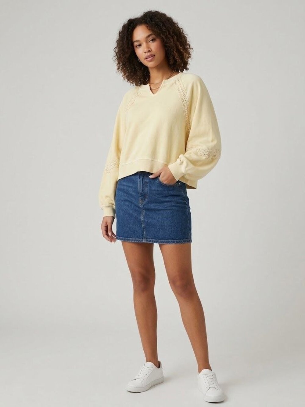 Aerie Womens Yellow Lace Trim Pullover Sweatshirt Small Petite S/P Boho
